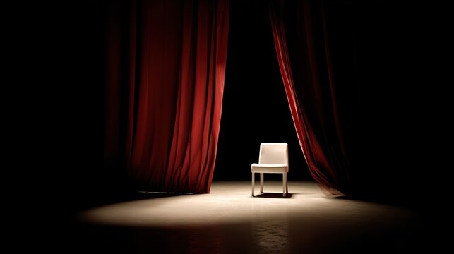 drama. Empty theater with a spotlight on a solitary chair, red curtains open. event programs, museum guides, designed for cultural heritage projects and event programs, elevates cultural identity.