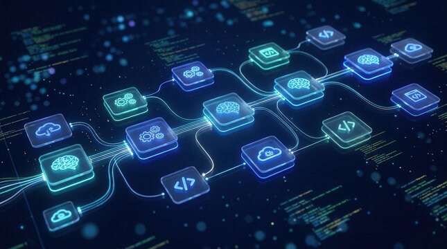 Technological diagram of AI automation workflow with digital code and cloud computing elements.