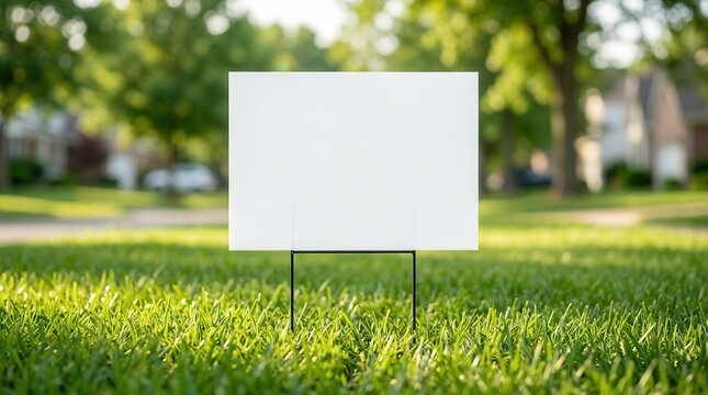 Empty outdoor sign in a residential lawn area for advertising and announcements.