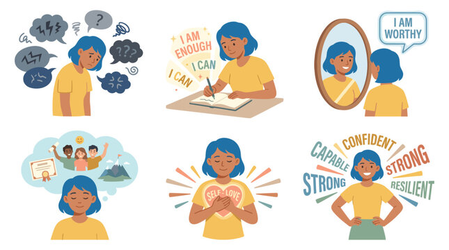 Woman practices self-care and coping mechanisms for anxiety and stress relief through therapy and positive affirmations