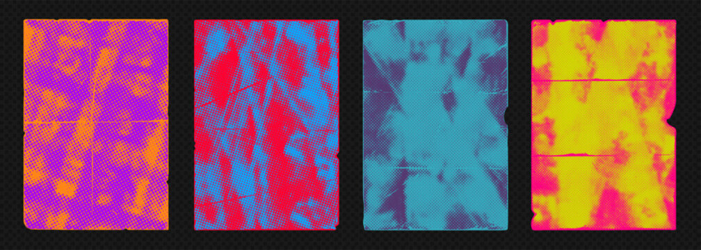 Abstract neon punk vector illustration background set with grunge paint textures, halftone dots, and distressed poster art elements creating bold urban street design retro punk aesthetic collection.