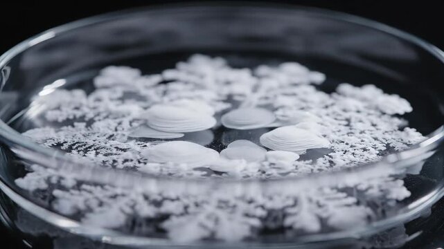 Overhead time-lapse of white dendritic crystals growing in a petri dish with smooth layered centers