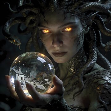 A hyper-realistic depiction of Medusa with piercing glowing eyes, her snake hair subtly moving.
She holds a reflective, glass-like petrification energy orb in her hand.
Inside the orb, a detailed refl