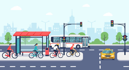Fototapeta premium Urban cycling and public transport scene with bus, taxi, and people biking.