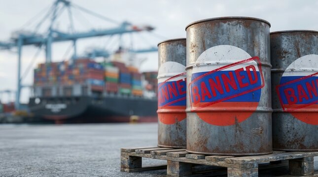Oil barrels with Russian flag and banned stamp at a shipping terminal for trade embargo visualization.