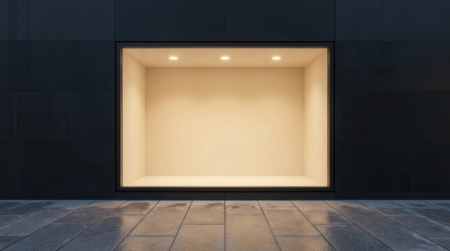 An empty display showcase with a minimalist design and bright, clean interior lighting.