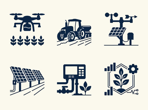 Minimal line icons of smart agriculture tech in clean modern outline style.