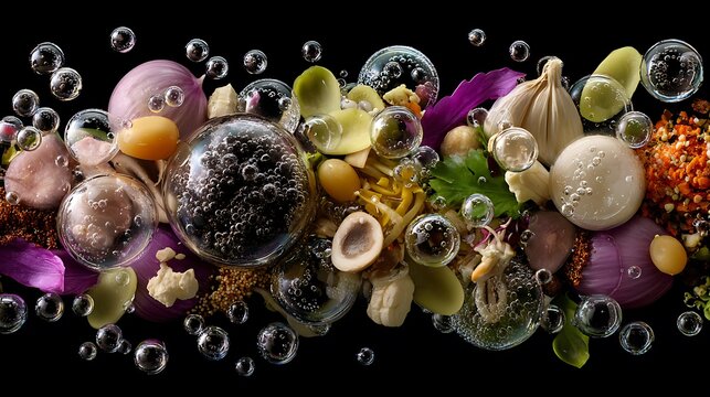Edible ingredients submerged in bubbles against black backdrop, highlighting textures
