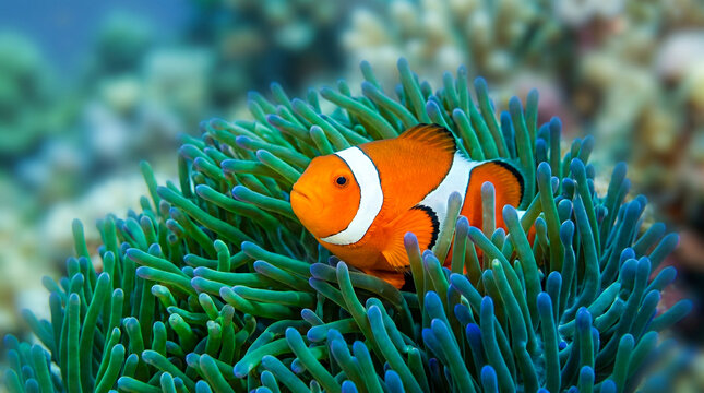 Pez payaso oculto entre los tent&aacute;culos de una an&eacute;mona marina en un entorno submarino colorido y vibrante.