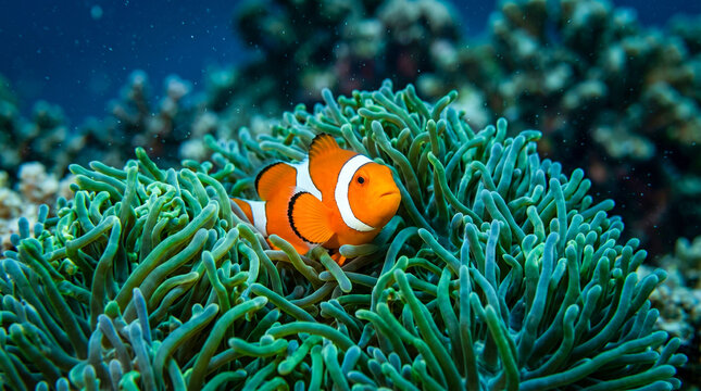 Pez payaso oculto entre los tent&aacute;culos de una an&eacute;mona marina en un entorno submarino colorido y vibrante.