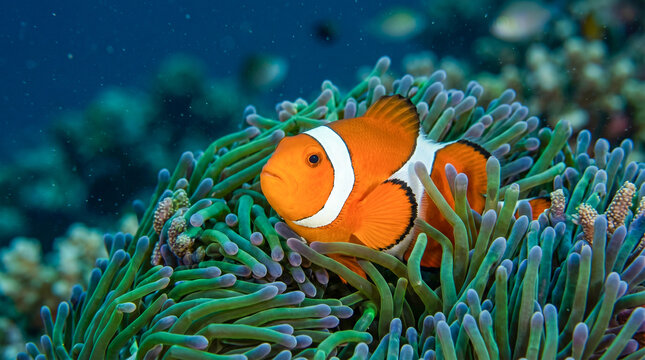 Pez payaso oculto entre los tent&aacute;culos de una an&eacute;mona marina en un entorno submarino colorido y vibrante.