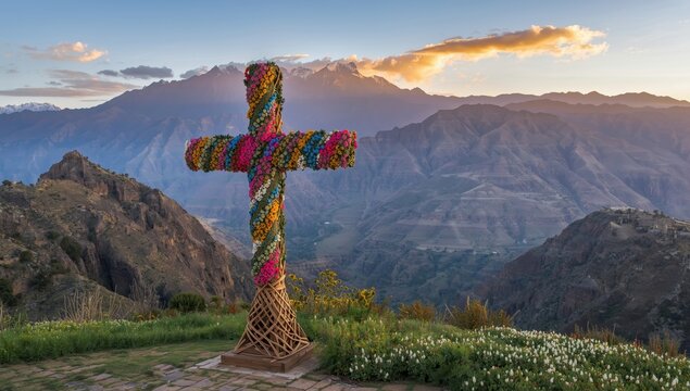 Floral Cross before Mountains at Colca Canyon, Peru
