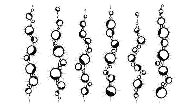 Set of abstract vertical chains of spiky circular elements, handdrawn ink style design elements