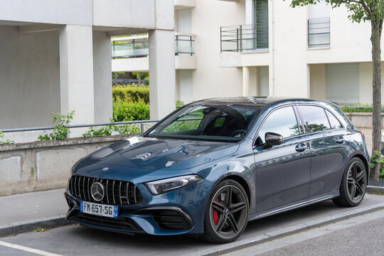 Nancy, France - May 12th 2020 : View on a blue Mercedes-AMG A 45 parked on a street.