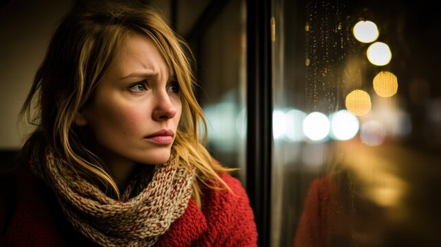Pensive woman looking out window at night