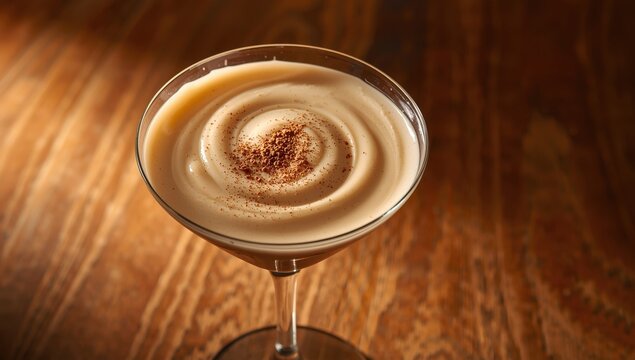Glass of Irish cream liqueur with cinnamon on wood surface.