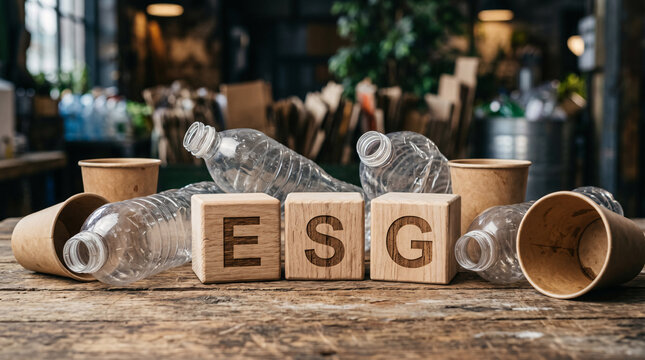 Wooden blocks spell ESG. Broken plastic bottles surround them. Brown paper cups lie scattered. Rustic table holds all items