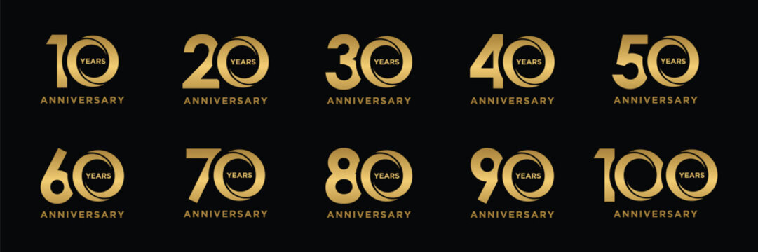 Collection of numbers 10 to 100 Anniversary logo design. Golden color for elegant luxury logo symbol concept