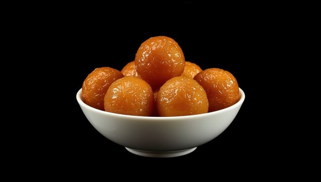 Gulab Jamun in a white bowl, popular Indian dessert on a black backdrop.