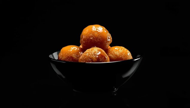 Gulab Jamun in a black bowl, popular Indian dessert against a dark backdrop.