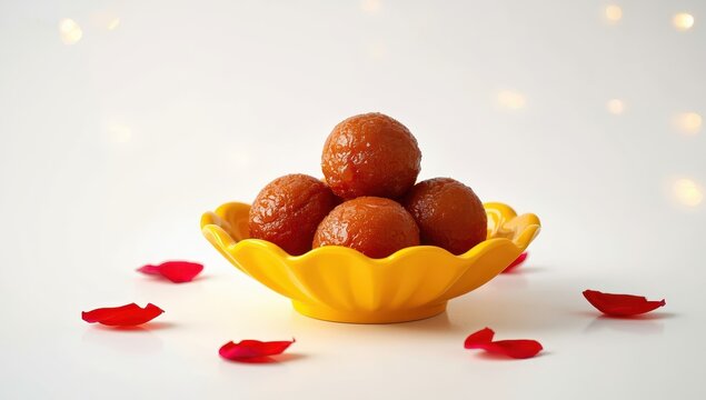 Gulab Jamun in a yellow dish on a white background.
