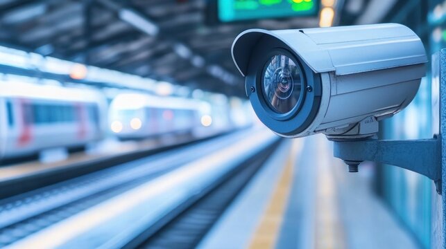 Security camera at a train station.  Blurred trains in the background