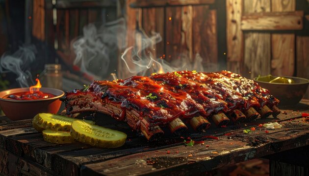Smoked Barbecue Ribs with Rich Glaze and Pickles on a Wooden Surface