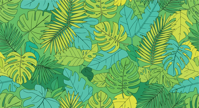 tropical leaf pattern with monstera and palm leaves on teal green background