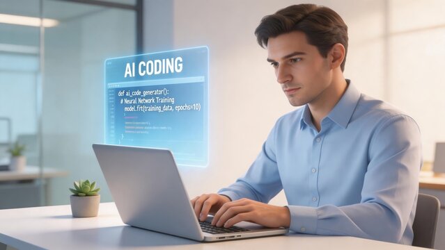 Man working on AI coding at laptop