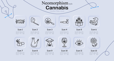 Cannabis set icon. Text badge, smoking joint, magnifier leaf, pipe device, plant pot, lips smoke, pills, bong, flying saucer leaf, drink glass, eye symbol, flower plant line icons © Anastasia