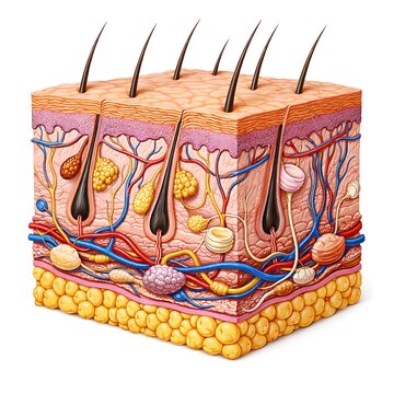 Cross-section of human skin anatomy showing epidermis, dermis and subcutaneous layers with hair follicles and sweat glands, 3D medical illustration