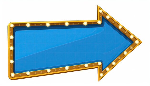 Illuminated arrow sign points right, features a bright blue surface and a gold frame