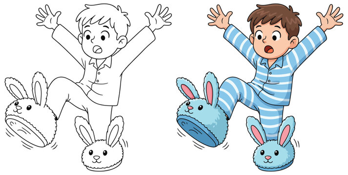 Pajamas worn by a happy boy with bunny slippers in line art and color for a fun kids coloring page