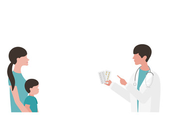 Fototapeta premium 母親と男の子に薬の説明をする医師のベクターイラスト素材