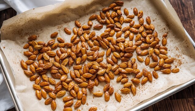 Honey-spiced pumpkin seeds on an unbleached baking sheet.