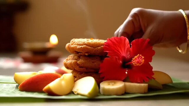 Traditional Indian Offering of Food and Flowers with Incense.