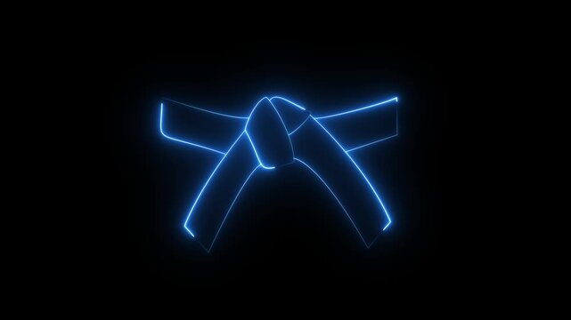 glowing neon karate belt icon isolated on black background. animation icon of a Rank Belt, symbolizing martial arts achievement, discipline, and progress through training levels. 4k video animation.