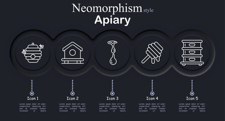 Apiary set icon. Neomorphic dark interface circles with line symbols of beehive bees, wooden hive house, honey dripping drop, honey dipper stick, beekeeping hive boxes © Anastasia