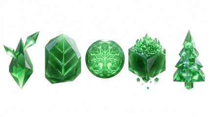 Obraz premium 3D green crystal icons of nature elements and tree of life