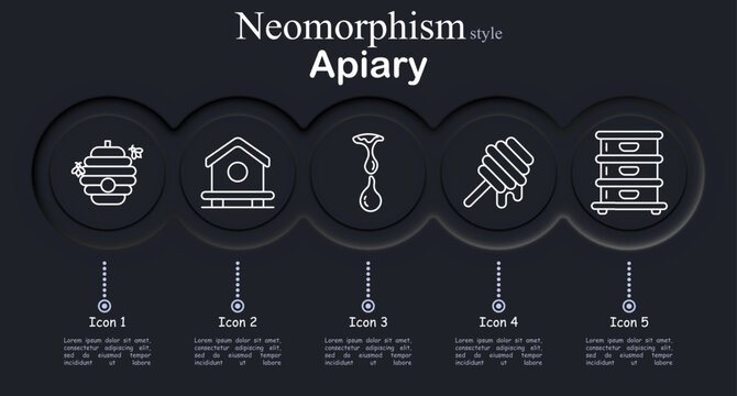 Apiary set icon. Neomorphic dark interface circles with line symbols of beehive bees, wooden hive house, honey dripping drop, honey dipper stick, beekeeping hive boxes