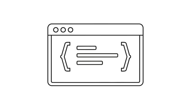 A graphic illustration of a browser window displaying code on a screen with angle brackets and lines, showcasing a programming concept on a digital interface in a simple style.