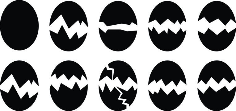 Black egg silhouette collection featuring various cracked and broken eggshell shapes for hatching concepts and minimalist graphic design vector