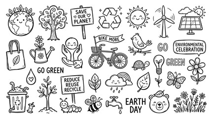 Naklejka premium Cute doodle collection celebrating earth day and environmental conservation with symbols like planet earth recycling bike and nature elements