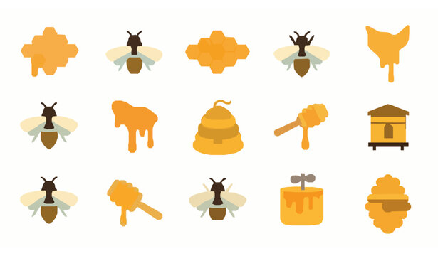 Flat honeycomb and bee icon collection with hexagon pattern hive and organic honey elements isolated on white