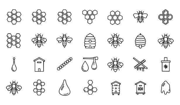 Honeycomb and bee linear icon set with hexagon hive wax and apiary symbols vector isolated on white