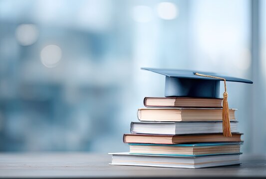 Graduation Cap on Stacked Books Symbolizing Education and Achievement Soft Focus Background Academic Concept