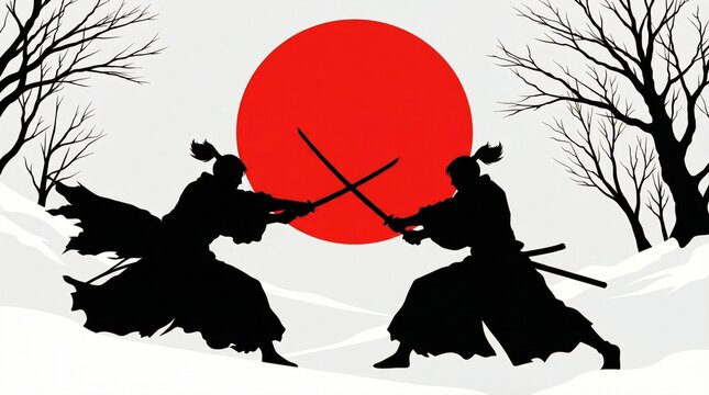 Silhouette of Two Samurai Warriors Clashing with Katanas against Red Sun in Winter Landscape