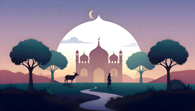 Serene Islamic Landscape with Mosque Silhouette and Goat