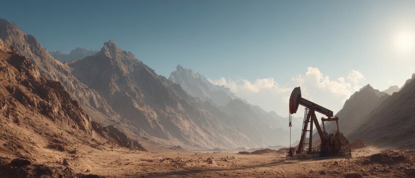 Silent guardians: mechanical giants of the desert's mineral wealth. Concept art. Diligence in the desert: an unchanging oil pump jack amid arid majesty. Editorial style. Advertising photo.