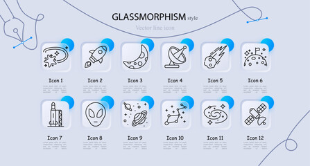 Space astronomy set icon. Shooting star, rocket launch, crescent moon, satellite dish, asteroid meteor, planet flag, launch rocket, alien head, planetary orbit, constellation stars © Anastasia